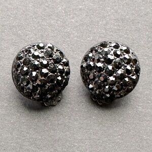 VTG Weiss Black Rhinestone Round Dome Button Earrings Clip On Japanned
